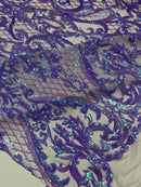 Heart Damask Sequins - Lilac - 4 Way Stretch Sequins Fabric By Yard