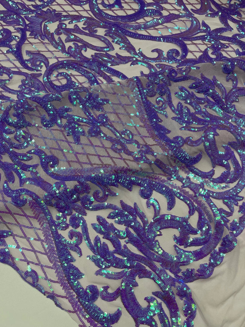 Heart Damask Sequins - Lilac - 4 Way Stretch Sequins Fabric By Yard