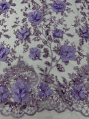 3D Big Flower Glitter Fabric - Lilac - Floral Glitter Sequin Design on Lace Mesh Fabric by Yard