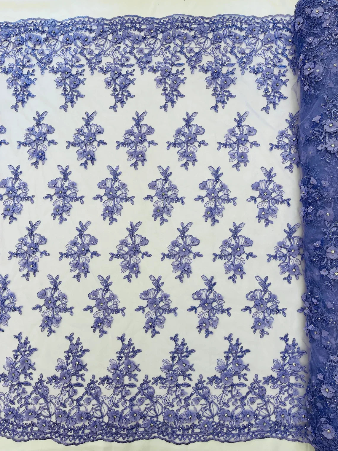 3D Embroidered Floral Fabric - Lilac - 3D Rhinestone and Sequins Floral Fabric Sold By Yard