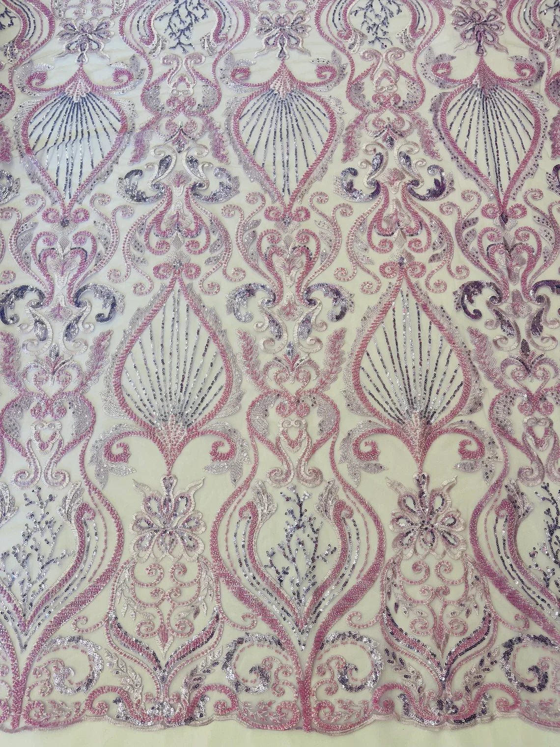 Damask Leaf Bead Fabric - Lilac - Heavy Beaded Embroidered Sequins Lace Fabric by Yard