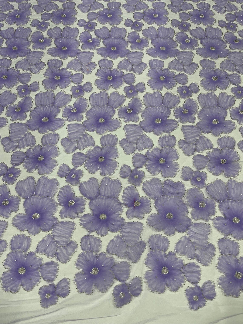 3D Tulle Floral Fabric - Lilac - Flowers Made on Mesh with Small Pearls and Beads Sold By Yard