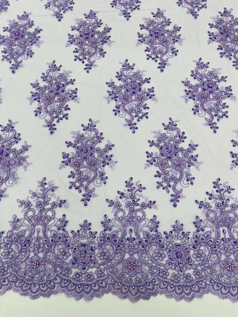 Floral Pearl Bead Fabric - Lilac - Flower Design with Beads and Sequins Fabric Sold By Yard