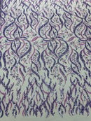 Wavy Leaf / Floral Bead Fabric - Lilac - Beaded Rhinestone Embroidered on a Mesh By Yard