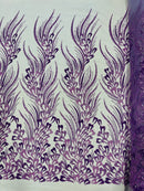 Fancy Wavy Leaf Bead Fabric - Lilac - Leaf Line Beaded Design Embroidered Mesh By Yard