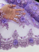 3D Floral Pearl Design - Lilac - Floral Embroidered Pearls and Sequins Fabric By Yard