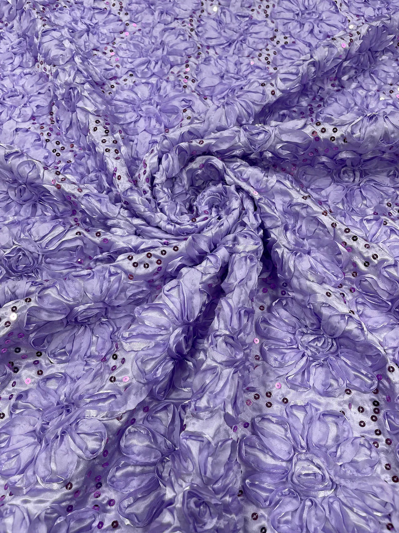 Satin Rosette Sequins Fabric - Lilac - 3D Rosette Satin Rose Fabric with Sequins By Yard