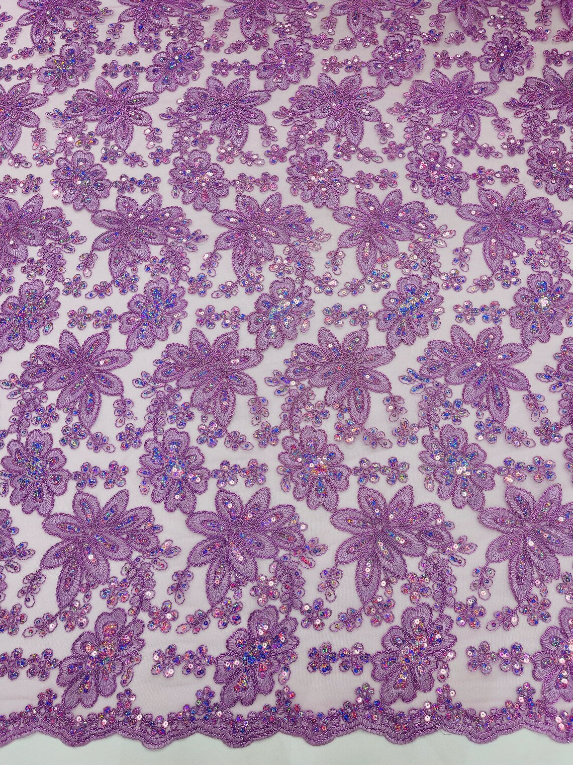 Corded Lace Floral Fabric - Lilac - Hologram Sequins Metallic Thread F