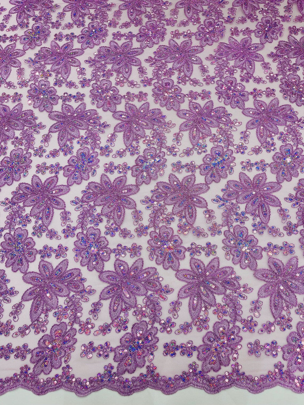 Corded Lace Floral Fabric - Lilac - Hologram Sequins Metallic Thread Floral Fabric by Yard