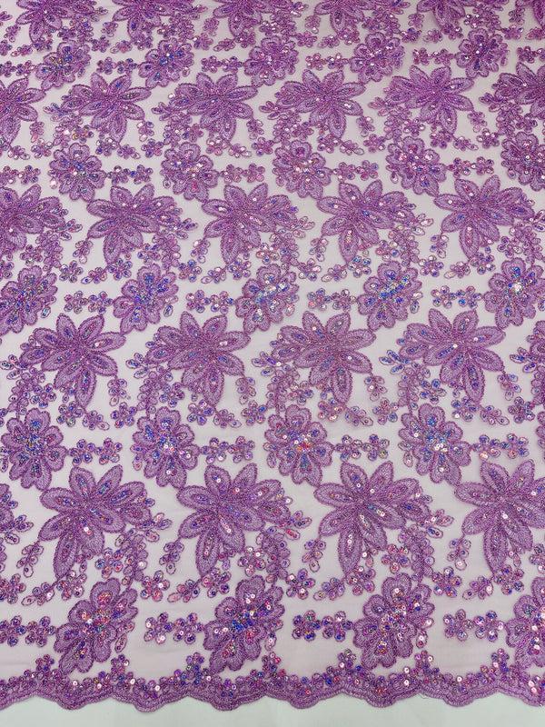 Corded Lace Floral Fabric - Lilac - Hologram Sequins Metallic Thread Floral Fabric by Yard