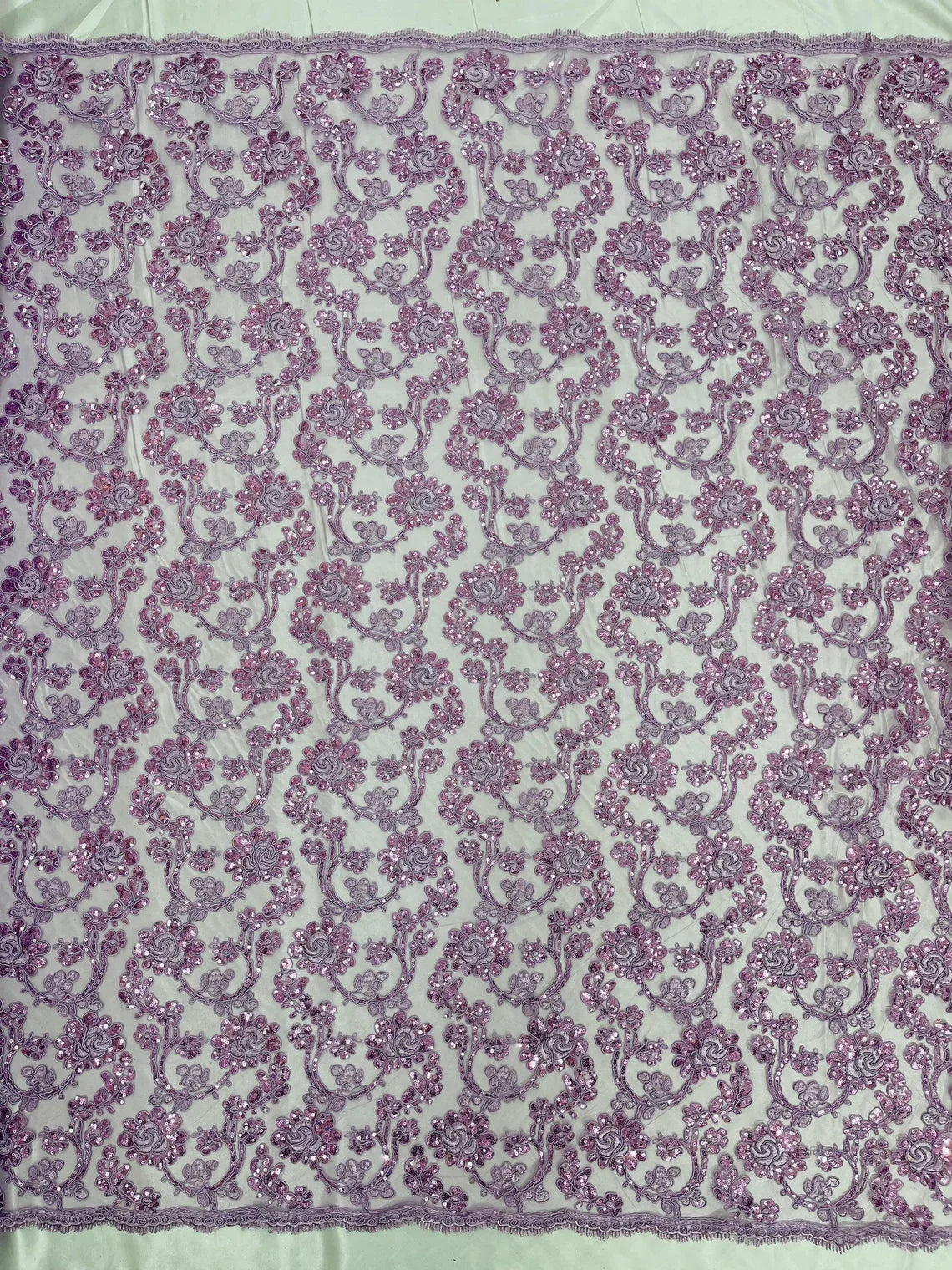 Corded Sequins Flower Lace - Lilac - Corded Floral Lace With Sequins Sold By Yard