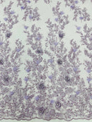 3D Flower Rhinestone Design - Lilac - Embroidered Flower Sequins Lace Fabric By Yard