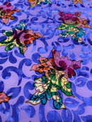 Burnout Floral Velvet Fabric - Lilac - MultiColor Floral Print Velvet Fabric By Yard