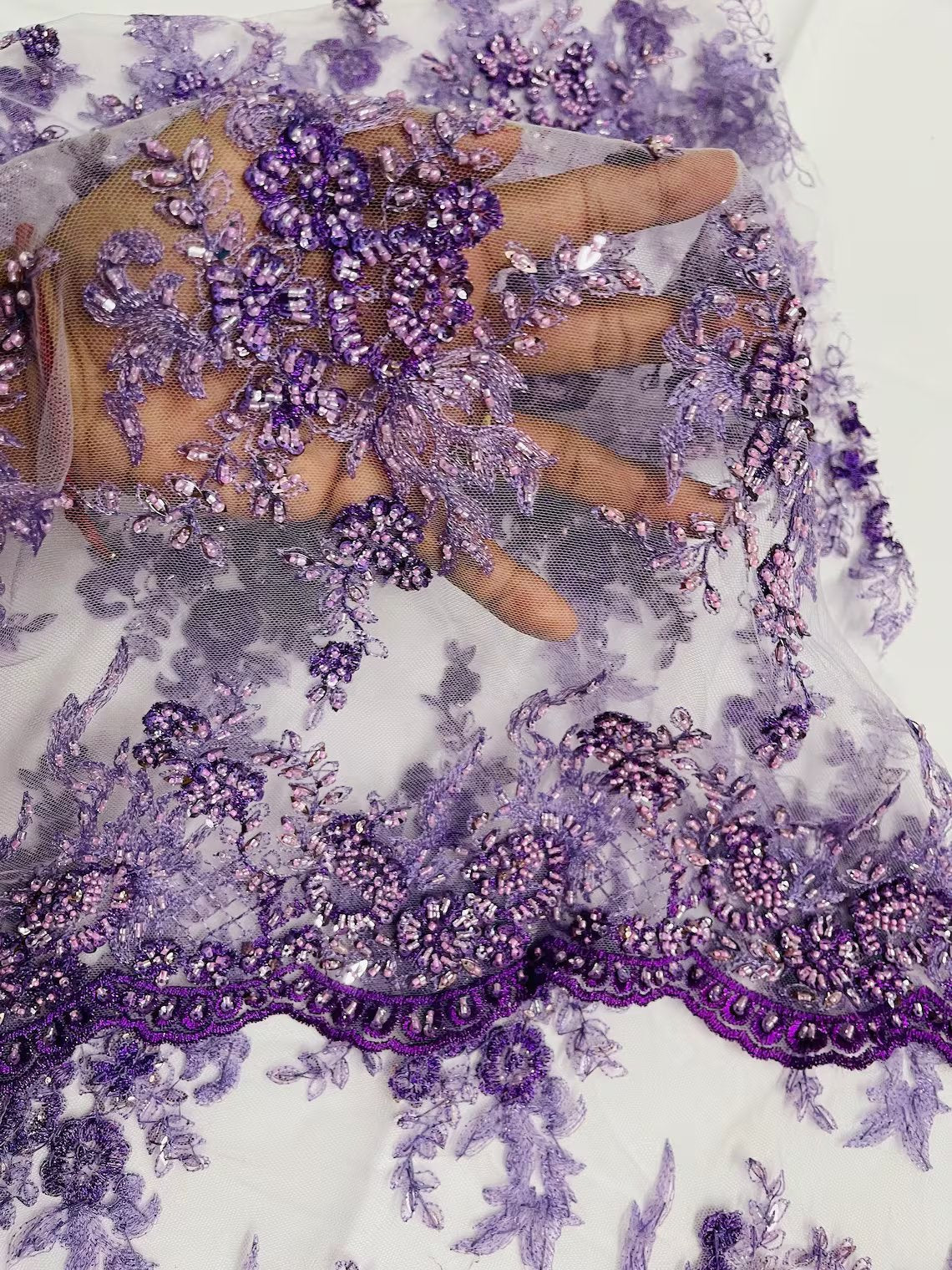 Floral Leaf Beaded Fabric - Lilac - Embroidered Flower Leaf Design Beaded Fabric By Yard