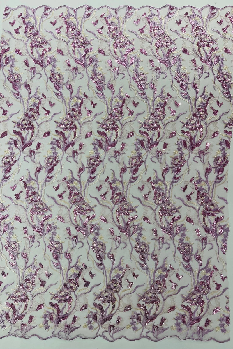 Floral Multi-Color Fabric - Lilac - Flower and Leaves Lace Sequins Fabric Sold By Yard