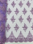 Beaded Floral Fabric - Lilac - Floral Cluster Design Fabric with Damask Border by Yard