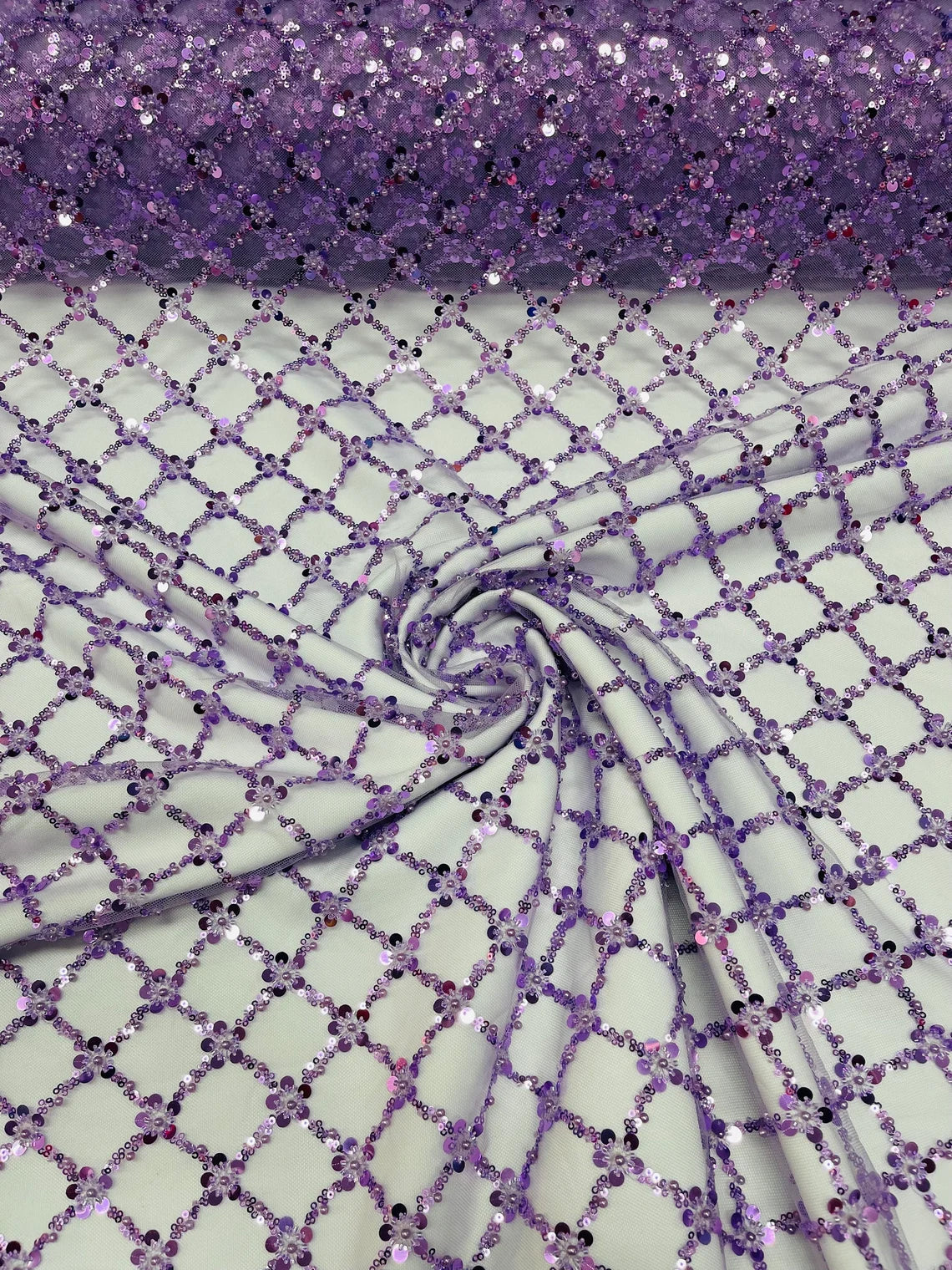 Beaded Diamond Net Fabric - Lilac - Embroidered Geometric Beaded Sequins Fabric Sold By Yard