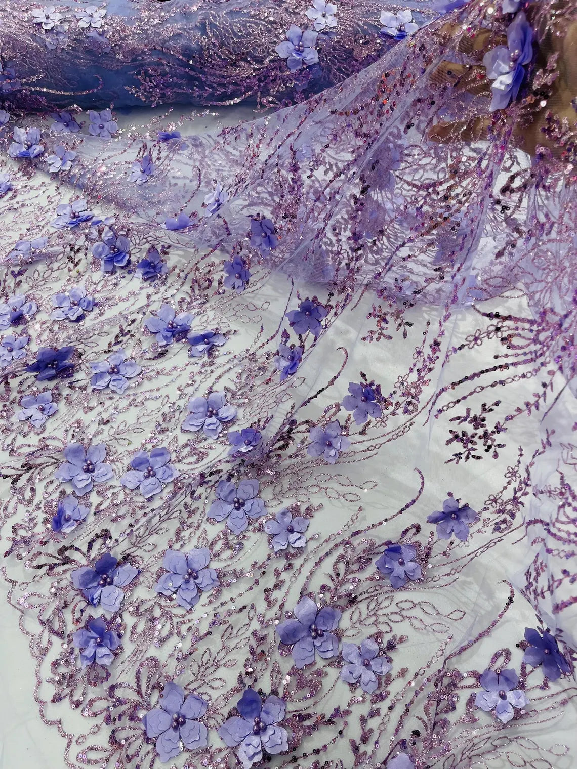 3D Glitter Floral Design Fabric - Lilac - Floral Line Design Embroidered Sequins Fabric by Yard