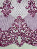 King Damask Design Fabric - Lilac - Embroidered Corded Mesh Lace Fabric with Sequins By Yard