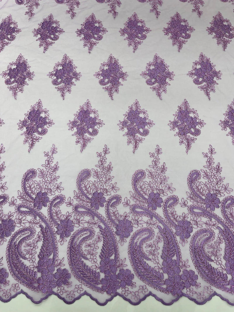 Metallic Corded Lace - Lilac - Paisley Floral Fabric with Metallic Thread on a Mesh Lace By Yard