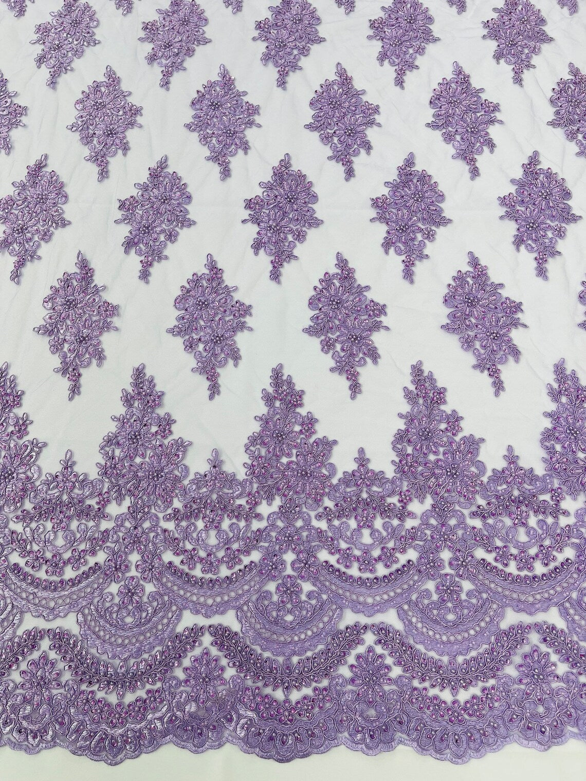 Beaded Flower Cluster Fabric - Lilac - Embroidered Beaded Fancy Border Floral Fabric Sold By Yard