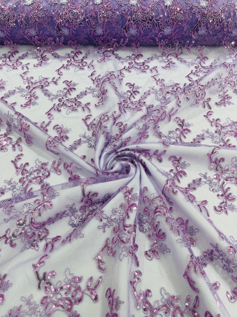 Floral Sequins Lace Fabric - Lilac - Embroidery Flower Clusters Design with Shiny Sequins  Fabric Sold By Yard