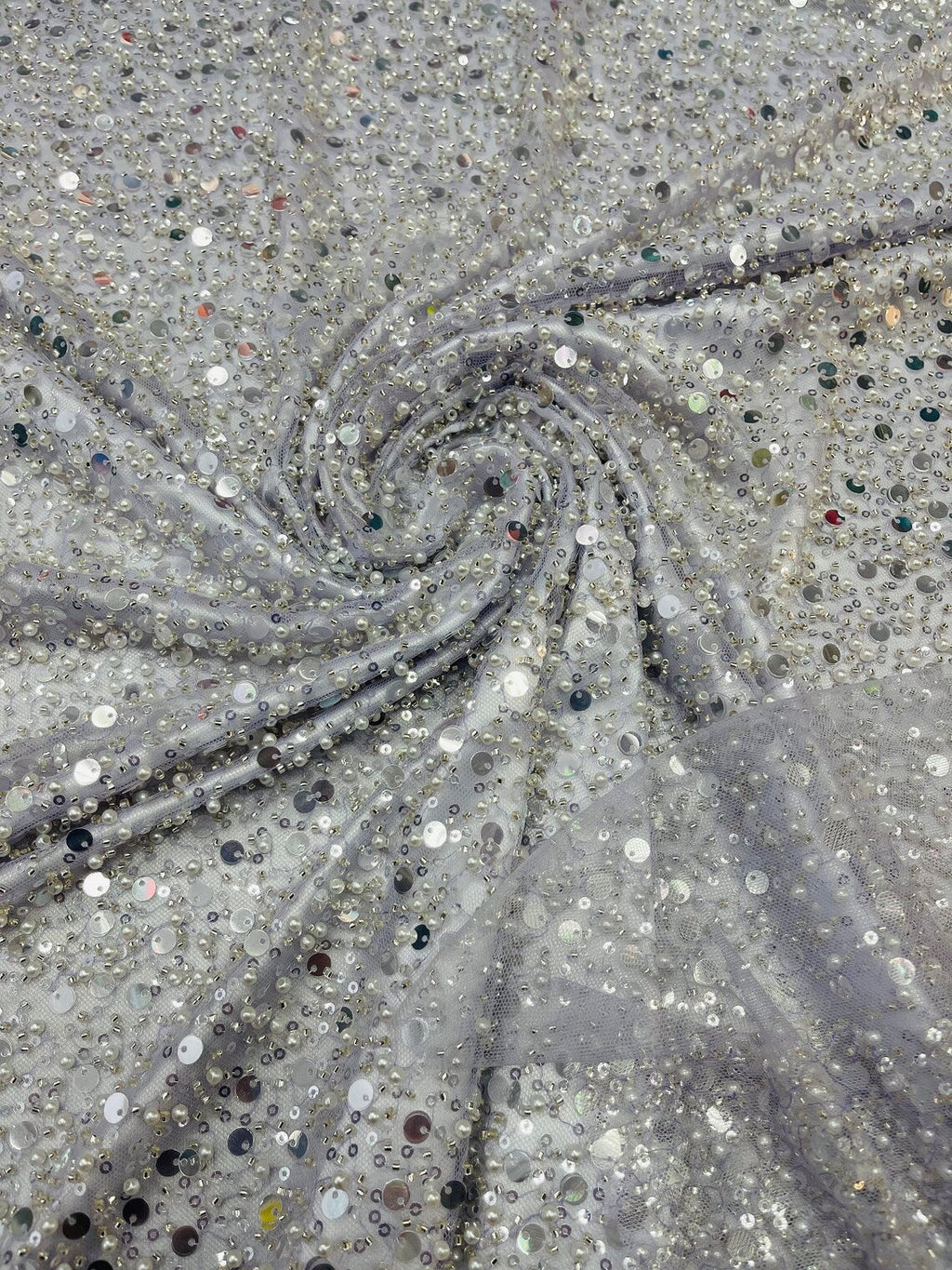 Heavy Duty Sequins Pearl Fabric - Lilac - Heavy Handmade Embroidery Lace with Sequins All Over By Yard