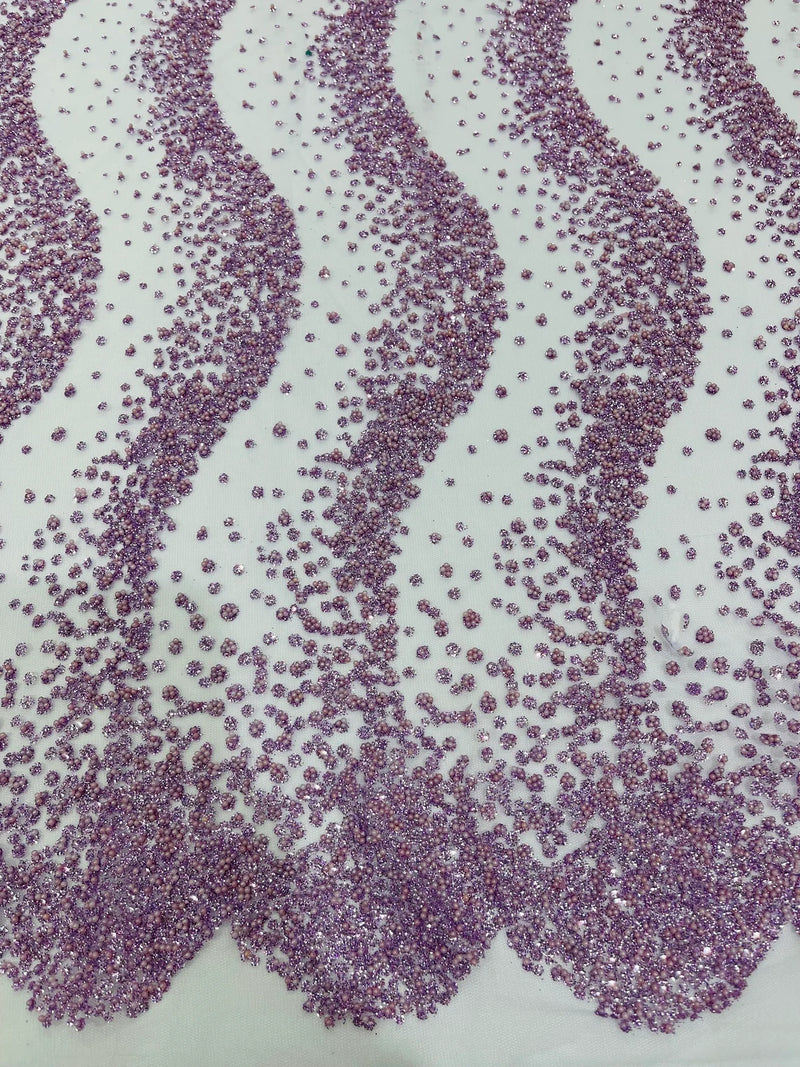 Mermaid Stripe Bead Design - Lilac - Embroidered Beaded Mermaid Theme Mesh Fabric by Yard