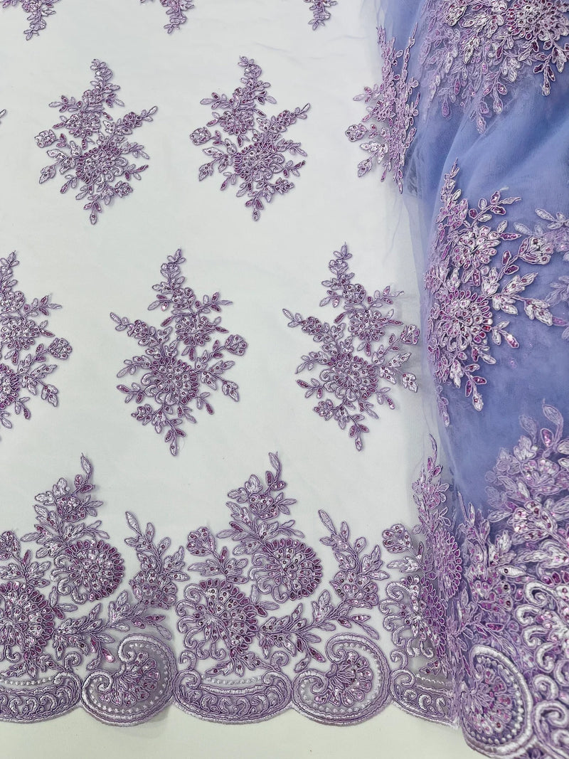 Floral Lace Flower Fabric - Lilac - Floral Embroidered Fabric with Sequins on Lace By Yard