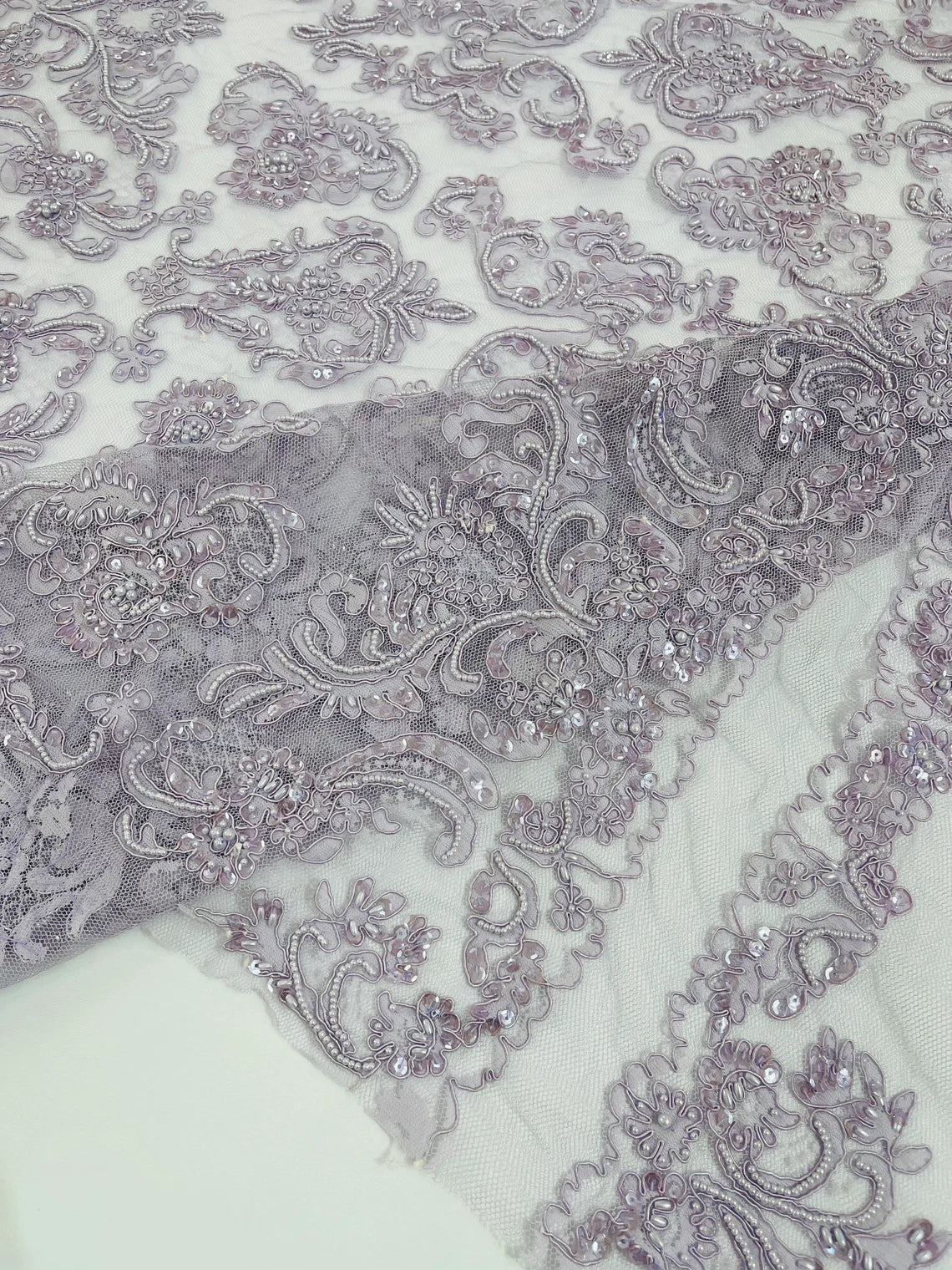 Beaded My Lady Damask Design - Lilac - Beaded Fancy Damask Embroidered Fabric By Yard