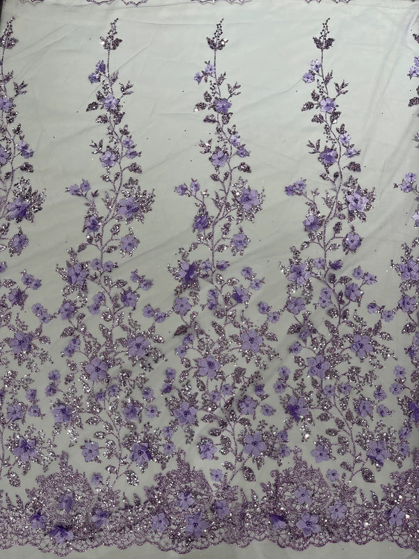 3D Flower Glitter Fabric - Lilac - Floral Glitter Sequin Design on Lace Mesh Fabric by Yard