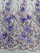 3D Glitter Floral Design Fabric - Lilac - Floral Line Design Embroidered Sequins Fabric by Yard