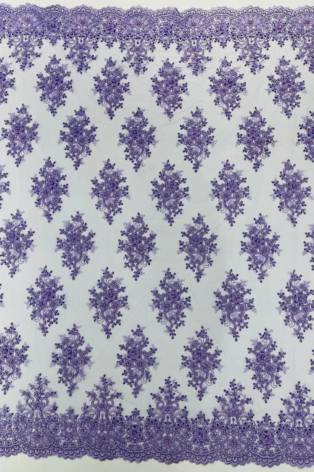 Floral Pearl Bead Fabric - Lilac - Flower Design with Beads and Sequins Fabric Sold By Yard