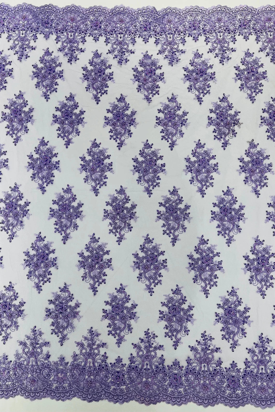 Floral Pearl Bead Fabric - Lilac - Flower Design with Beads and Sequins Fabric Sold By Yard