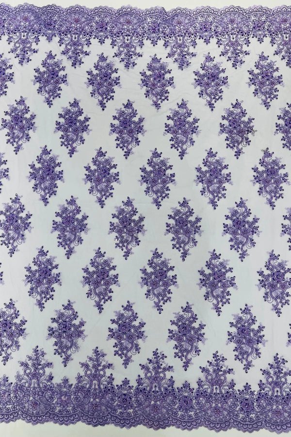 Floral Pearl Bead Fabric - Lilac - Flower Design with Beads and Sequins Fabric Sold By Yard