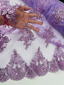Beaded Floral Fabric - Lilac - Floral Cluster Design Fabric with Damask Border by Yard