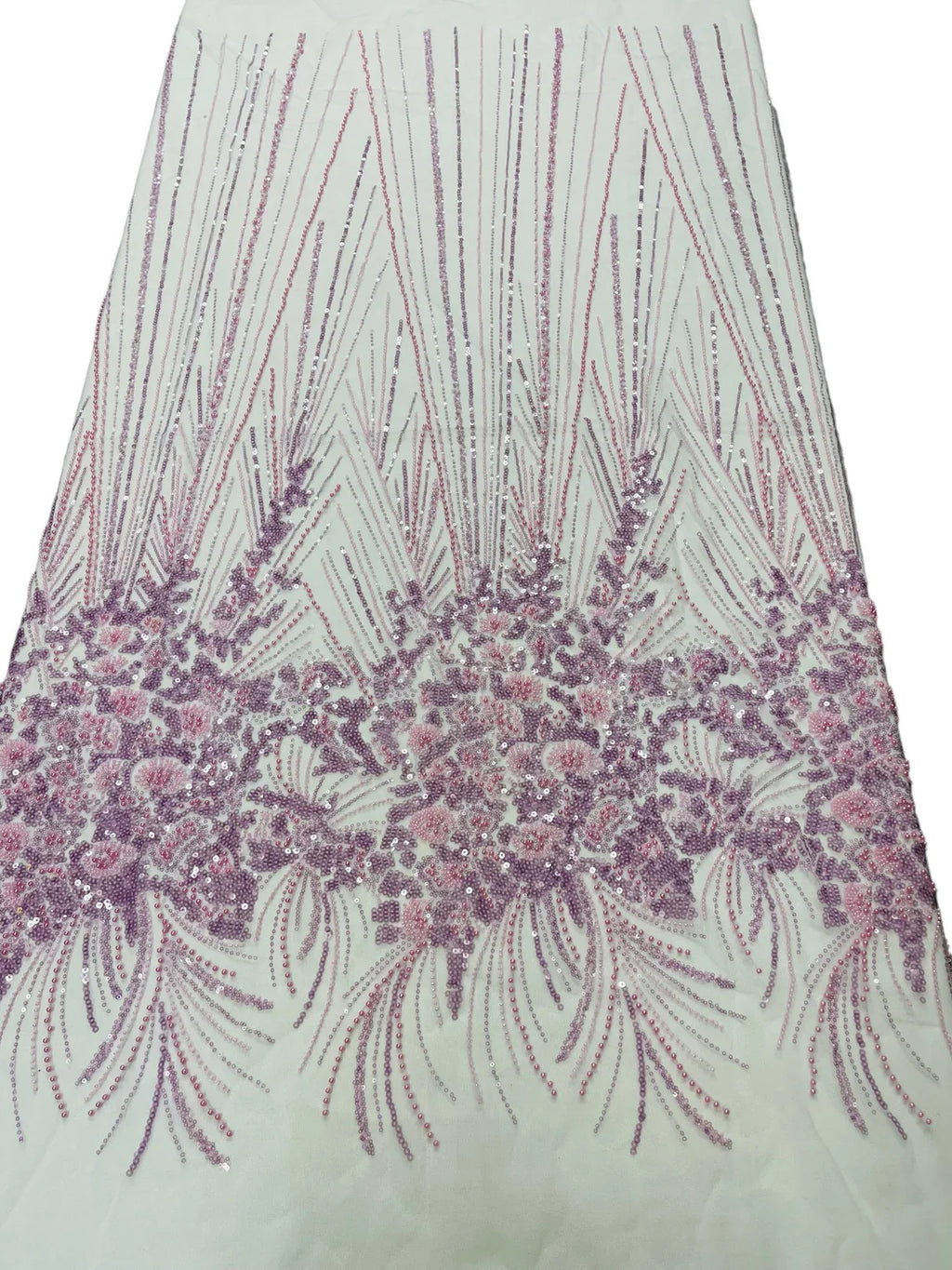 Beaded Floral Line Fabric - Lilac - Beaded Embroidered Lines and Flowers on Mesh By Yard