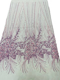 Beaded Floral Line Fabric - Lilac - Beaded Embroidered Lines and Flowers on Mesh By Yard