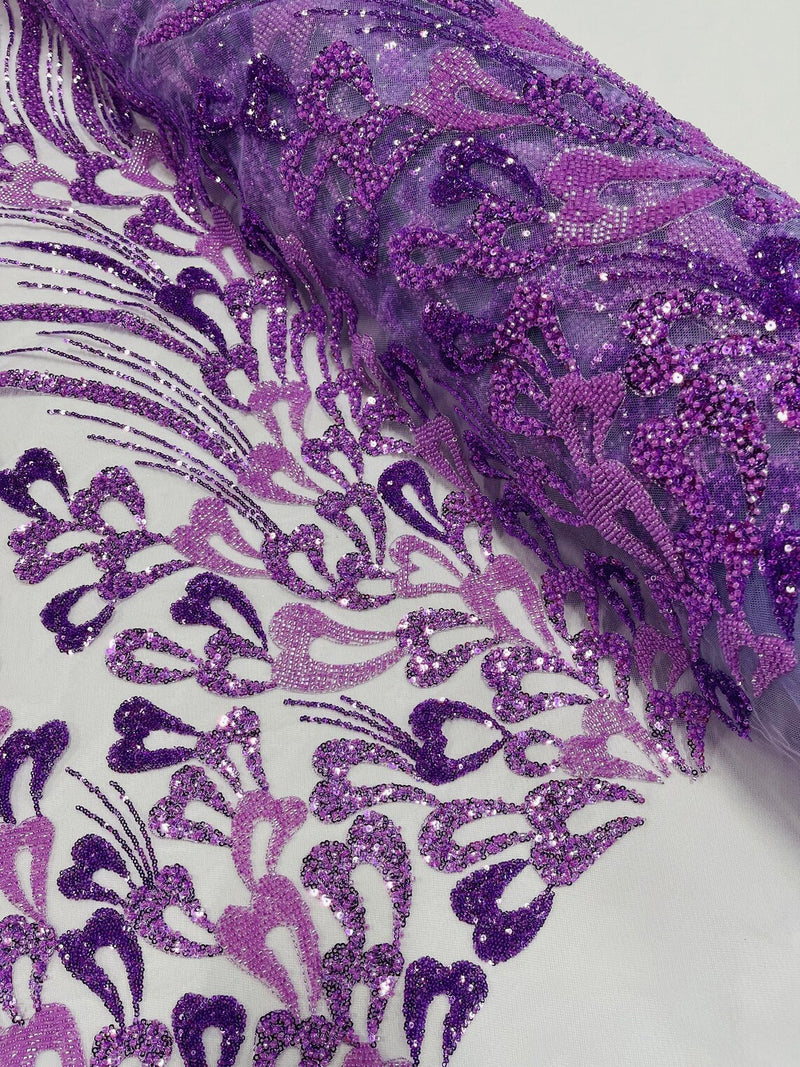 Fancy Wavy Leaf Bead Fabric - Lilac - Leaf Line Beaded Design Embroidered Mesh By Yard