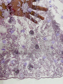 3D Flower Rhinestone Design - Lilac - Embroidered Flower Sequins Lace Fabric By Yard