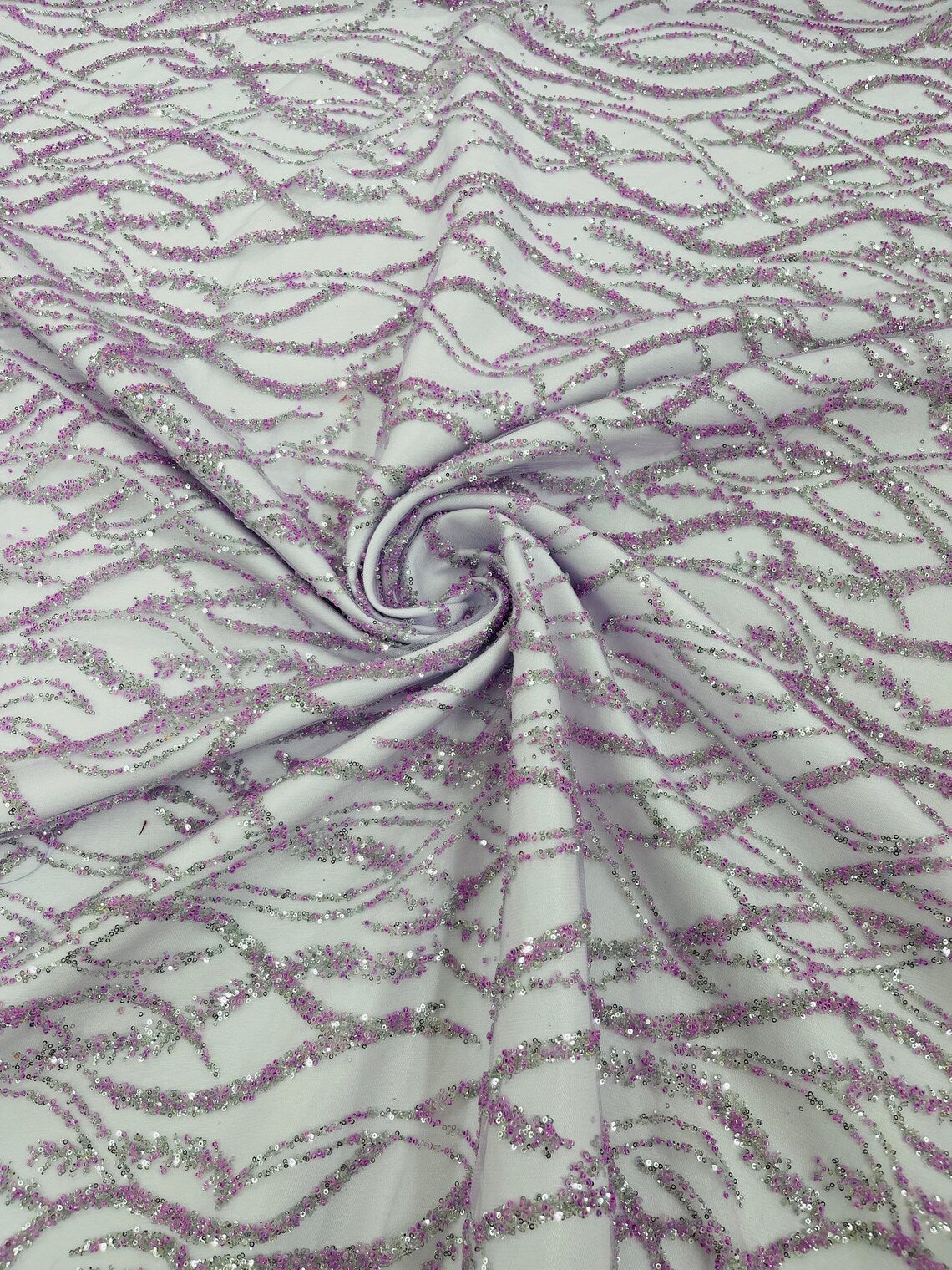 Glitter Wavy Bead Fabric - Lilac - Sequins, Bead, Glitter Design on Lace Fabric By Yard
