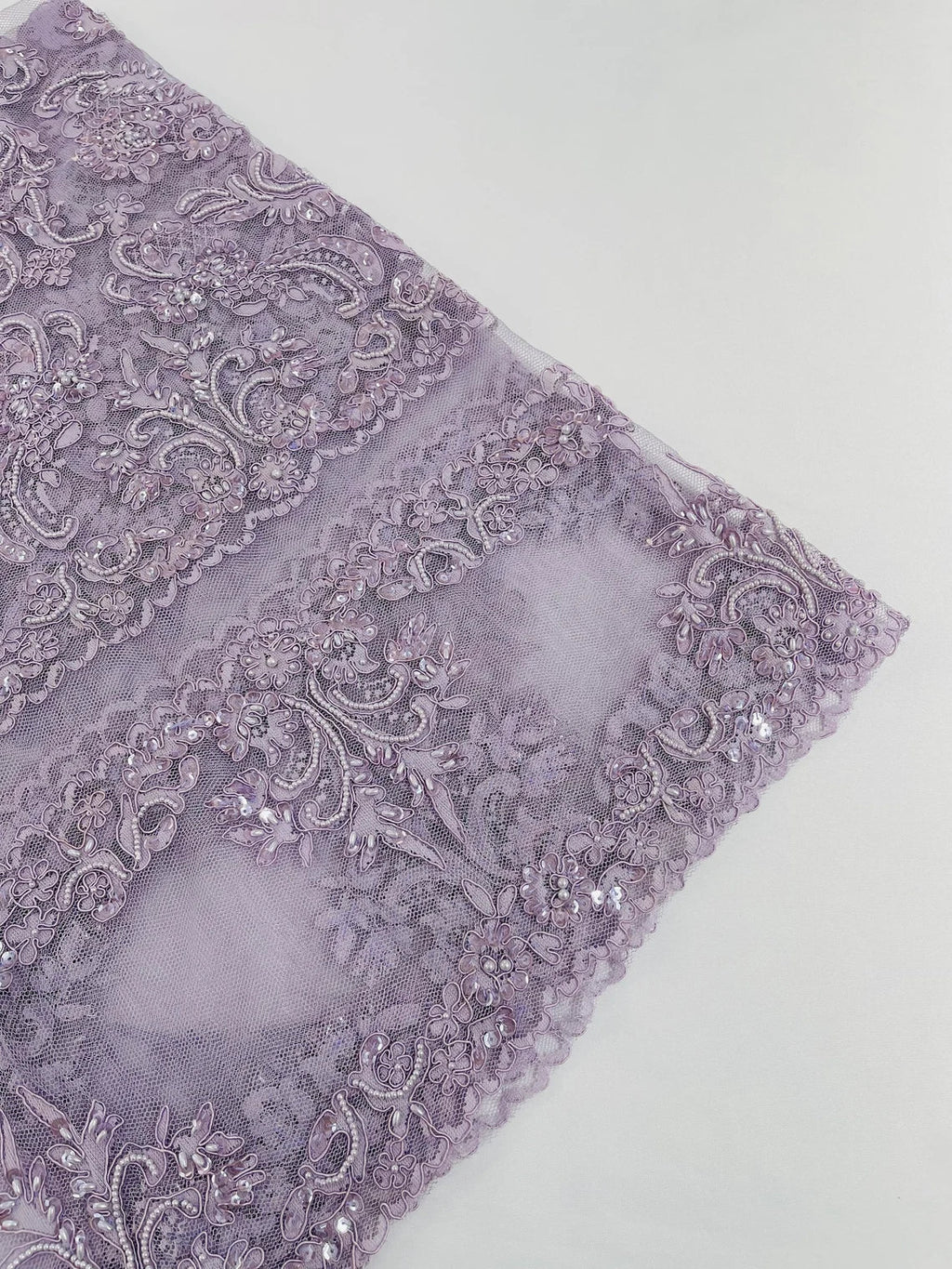 Beaded My Lady Damask Design - Lilac - Beaded Fancy Damask Embroidered Fabric By Yard