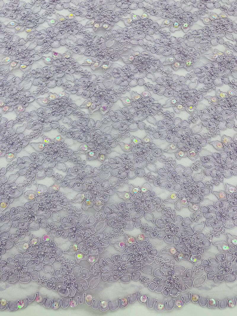 Floral Pearls and Sequins Fabric - Lilac - Beaded Fabric Embroidered Lace By The Yard