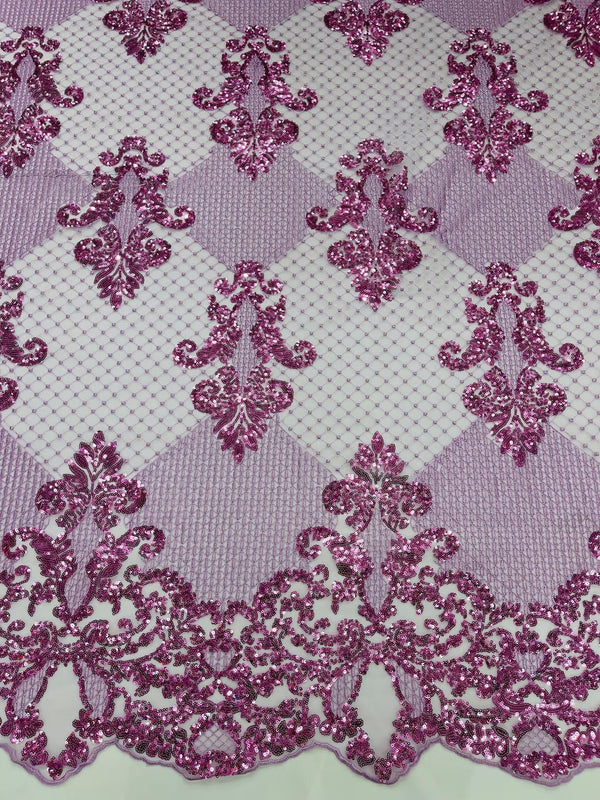 King Damask Design Fabric - Lilac - Embroidered Corded Mesh Lace Fabric with Sequins By Yard