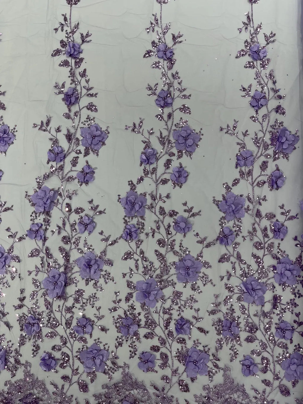 3D Big Flower Glitter Fabric - Lilac - Floral Glitter Sequin Design on Lace Mesh Fabric by Yard