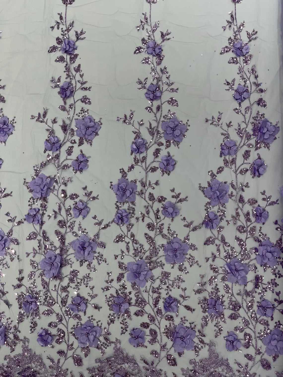 3D Big Flower Glitter Fabric - Lilac - Floral Glitter Sequin Design on Lace Mesh Fabric by Yard
