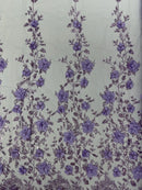 3D Big Flower Glitter Fabric - Lilac - Floral Glitter Sequin Design on Lace Mesh Fabric by Yard