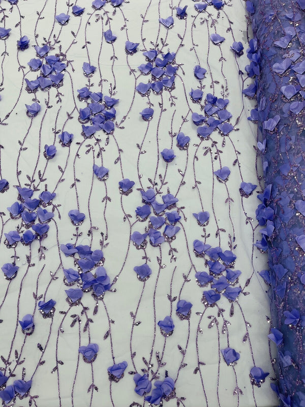 3D Glitter Floral Fabric - Lilac - 3D Flowers with Sequins and Glitter on Mesh Sold By Yard