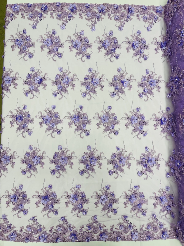 3D Flower Sequins Design - Lilac - Embroidered Pearl Sequins Floral Clusters Lace Fabric By Yard