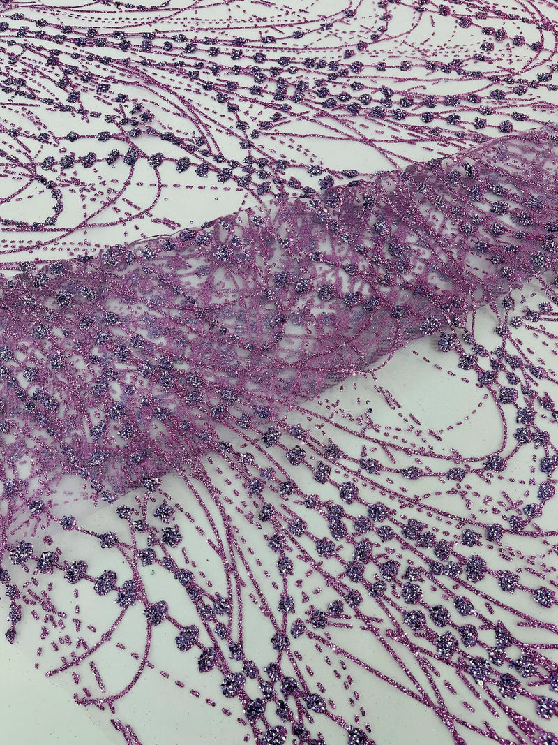 Tulle Glitter Fancy Line Fabric - Lilac - Tulle Fabric with Sparkle Glitter Design Sold By Yard